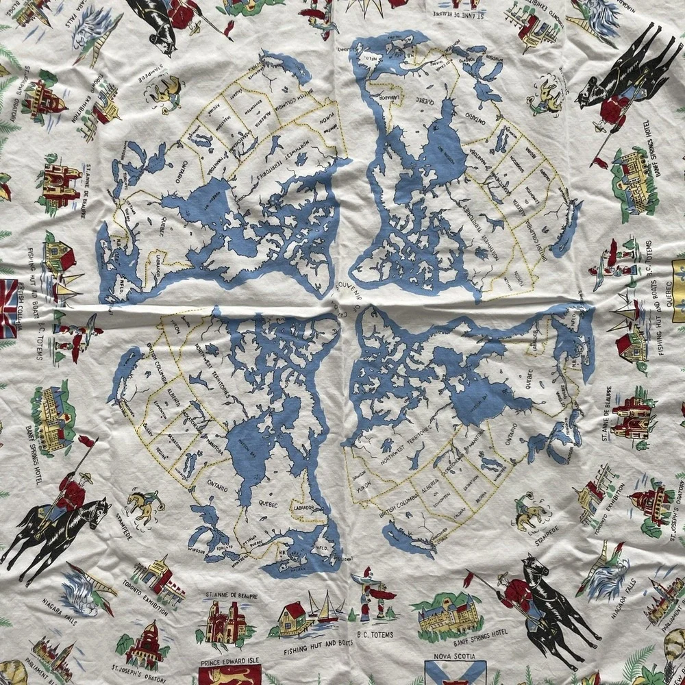 CANADA MAP With Major Landmarks Vintage Souvenir Tablecloth 3.5' Square White